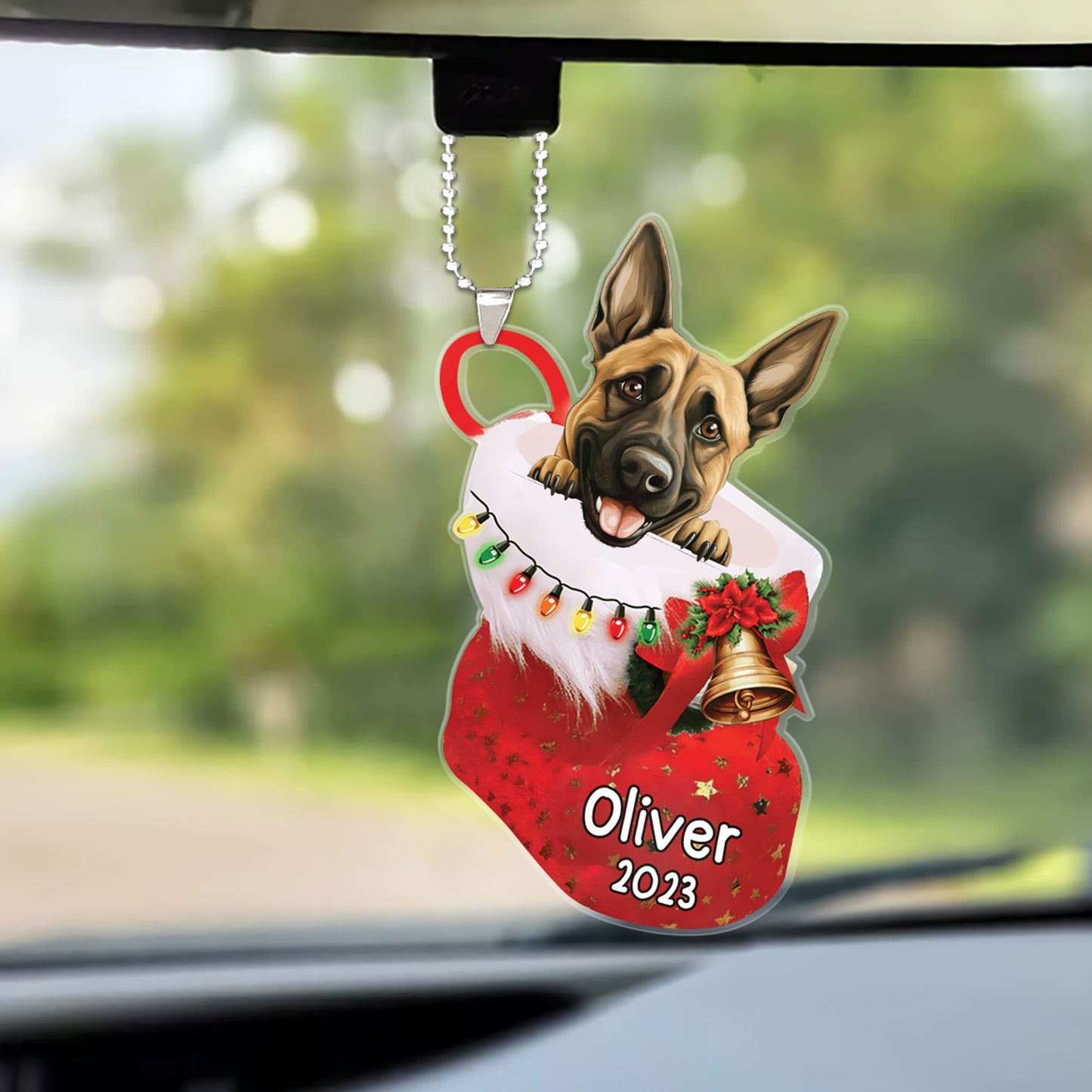 Custom Dog Acrylic Christmas Keychain, Personalized Belgian Malinois in Christmas Stocking Acrylic Keychain for Dog Lover, New Year