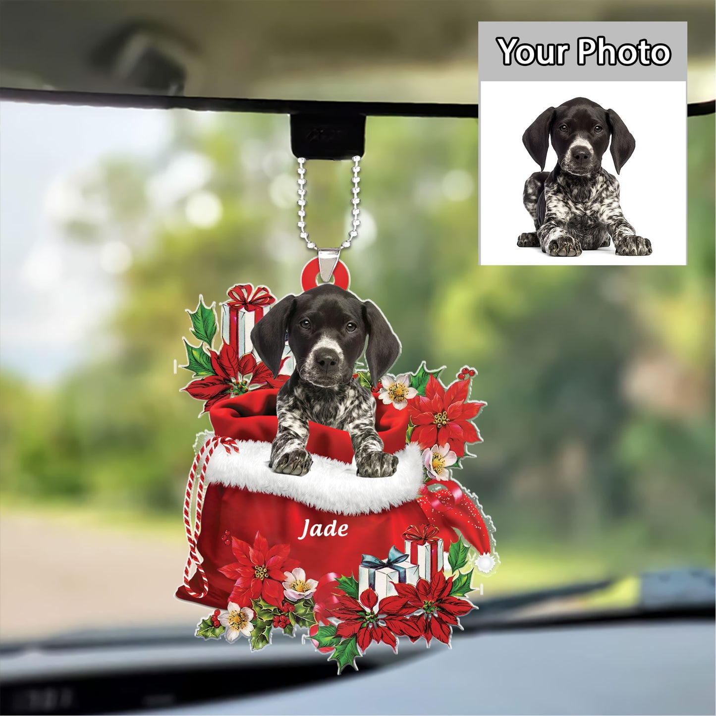 Personalized Name German Shorthaired Pointer In Red Gift Bag Christmas Acrylic Keychain, Customized Christmas Gift For Dog Lovers, Dog Mom