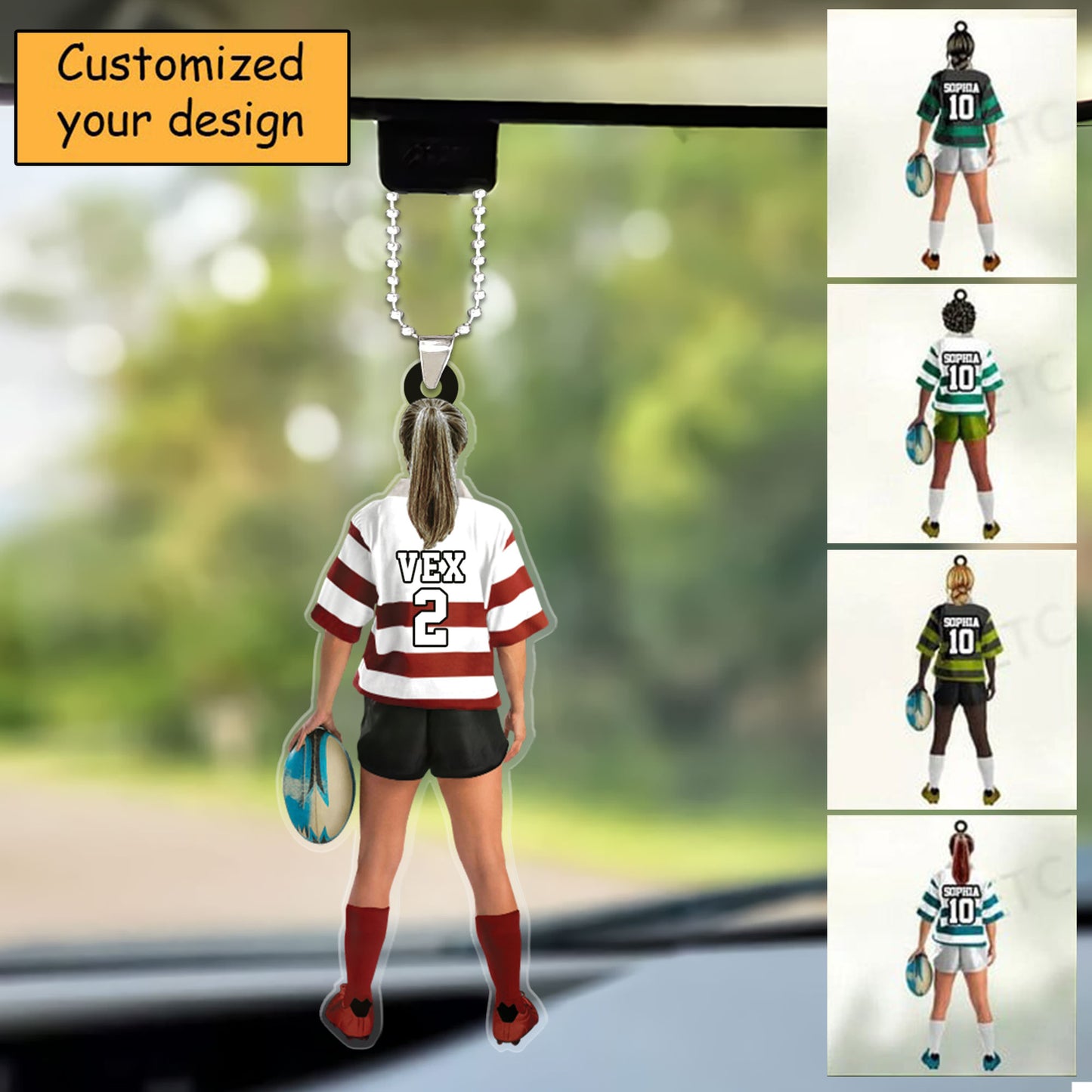 Personalized Female Rugby Girl, Woman Player Acrylic Christmas Keychain - Gift For Rugby Players, Christmas Acrylic Keychain Hanging Tree