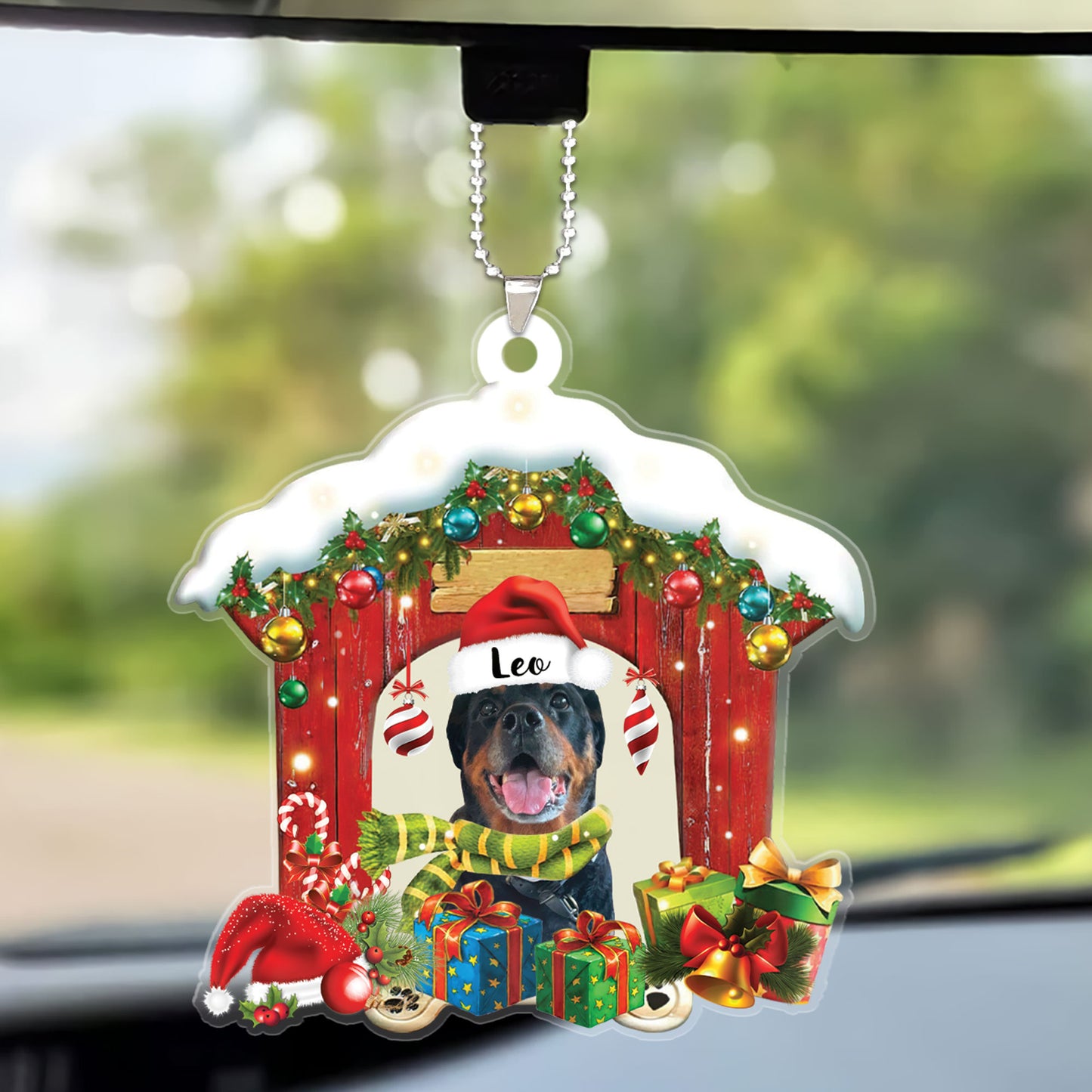 Customized Name Rottweiler In Red Wood House Christmas Acrylic Keychain Gift For Dog Lovers, Dog Mom