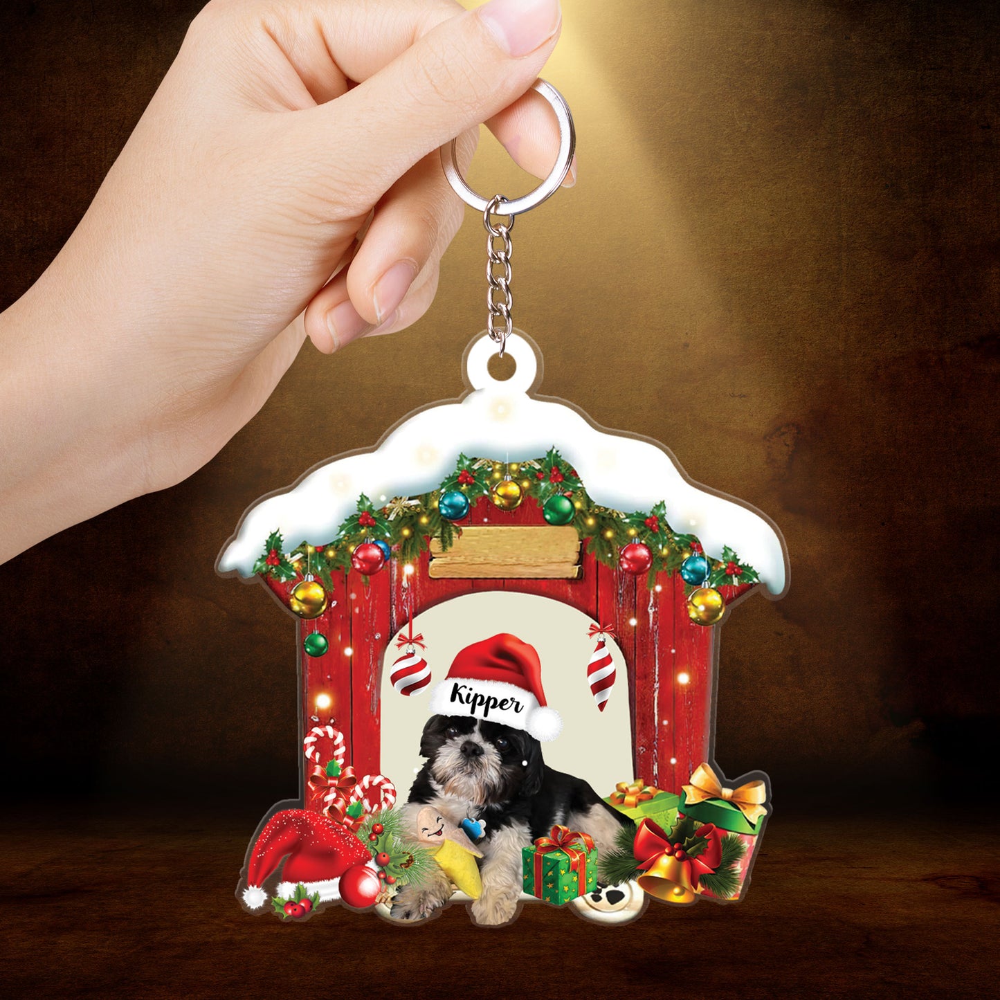 Customized Name Shih Tzu In Red Wood House Acrylic Christmas Ornament Gift For Dog Lovers, Dog Mom