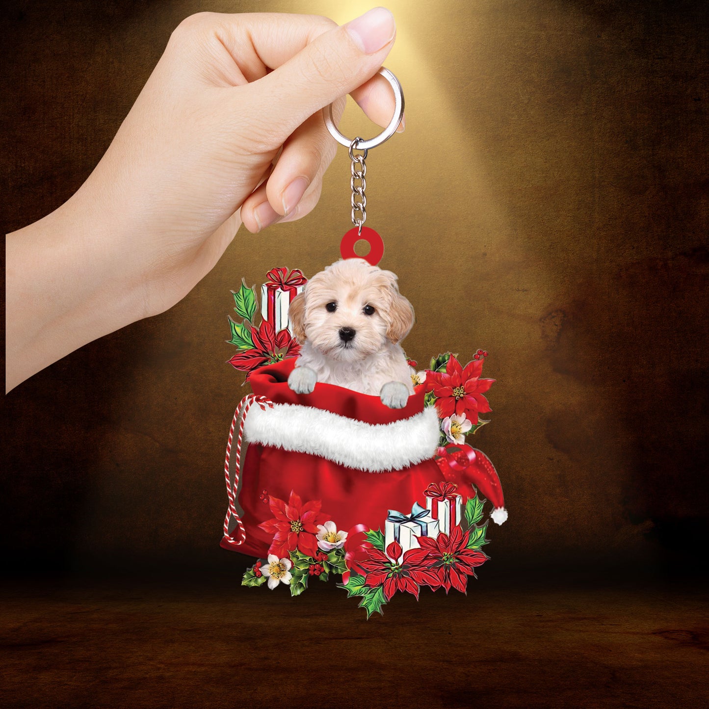 Maltipoo In Gift Flowers Bag Christmas Acrylic Ornament - Christmas Gift For Maltipoo Lovers, Dog Lovers