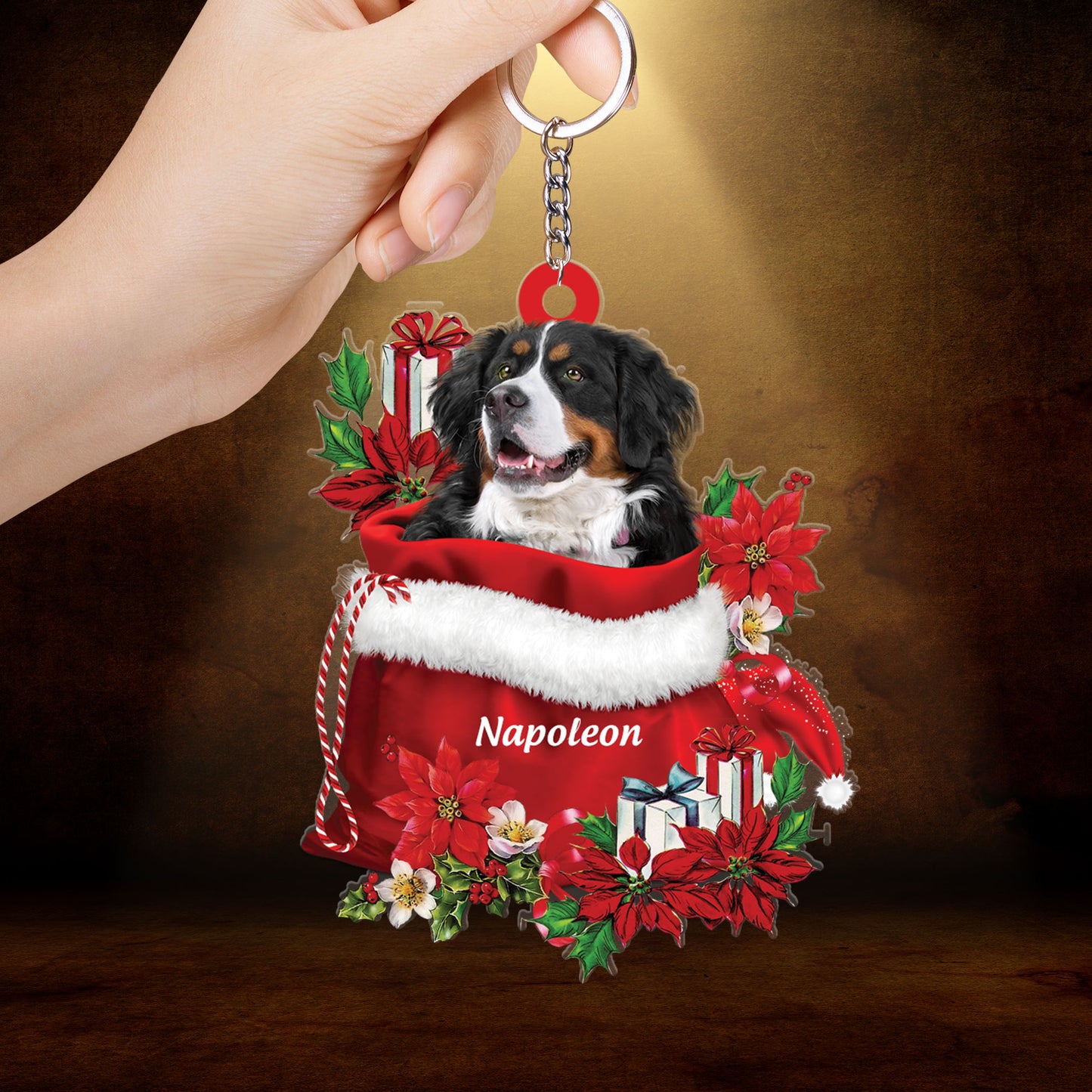 Custom Name Bernese Mountain In Red Gift Bag Acrylic Christmas Ornament, Customized Christmas Gift For Dog Lovers, Dog Mom