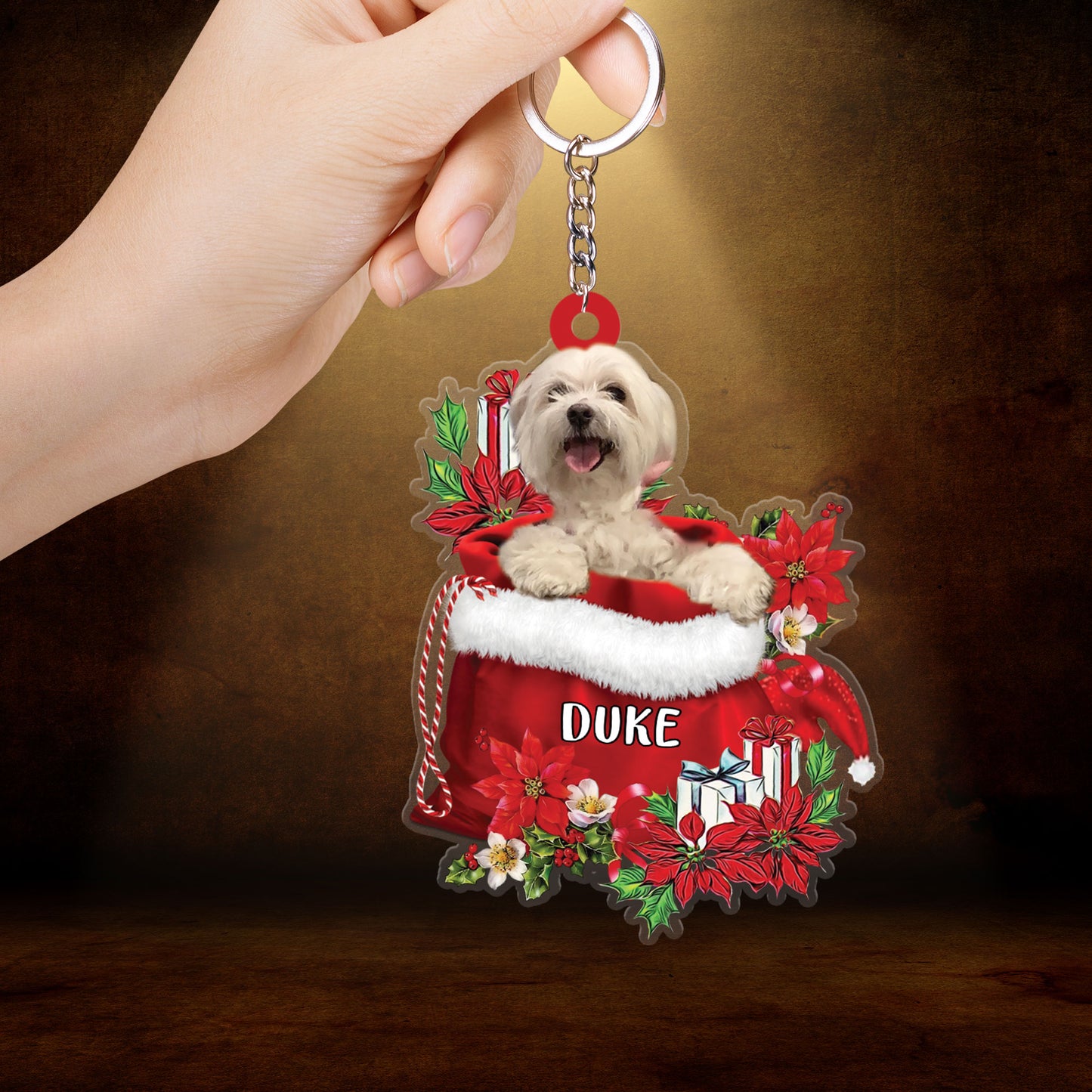 Personalized Name Maltese In Red Gift Bag Acrylic Christmas Ornament, Custom Christmas Gift For Dog Lovers, Dog Mom