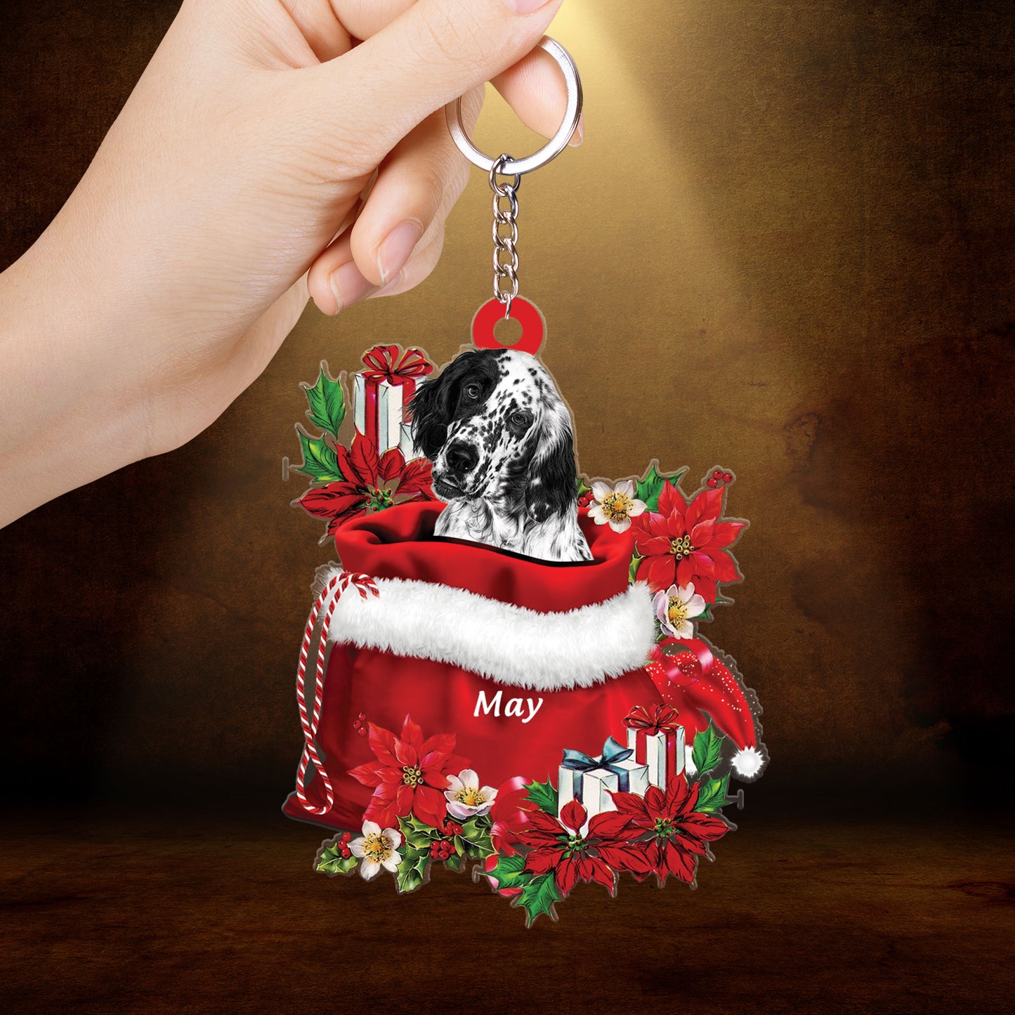 Personalized English Setter In Red Gift Bag Acrylic Christmas Ornament, Custom Name Christmas Gift For Dog Lovers, Dog Mom For Dog Lovers, Dog Mom