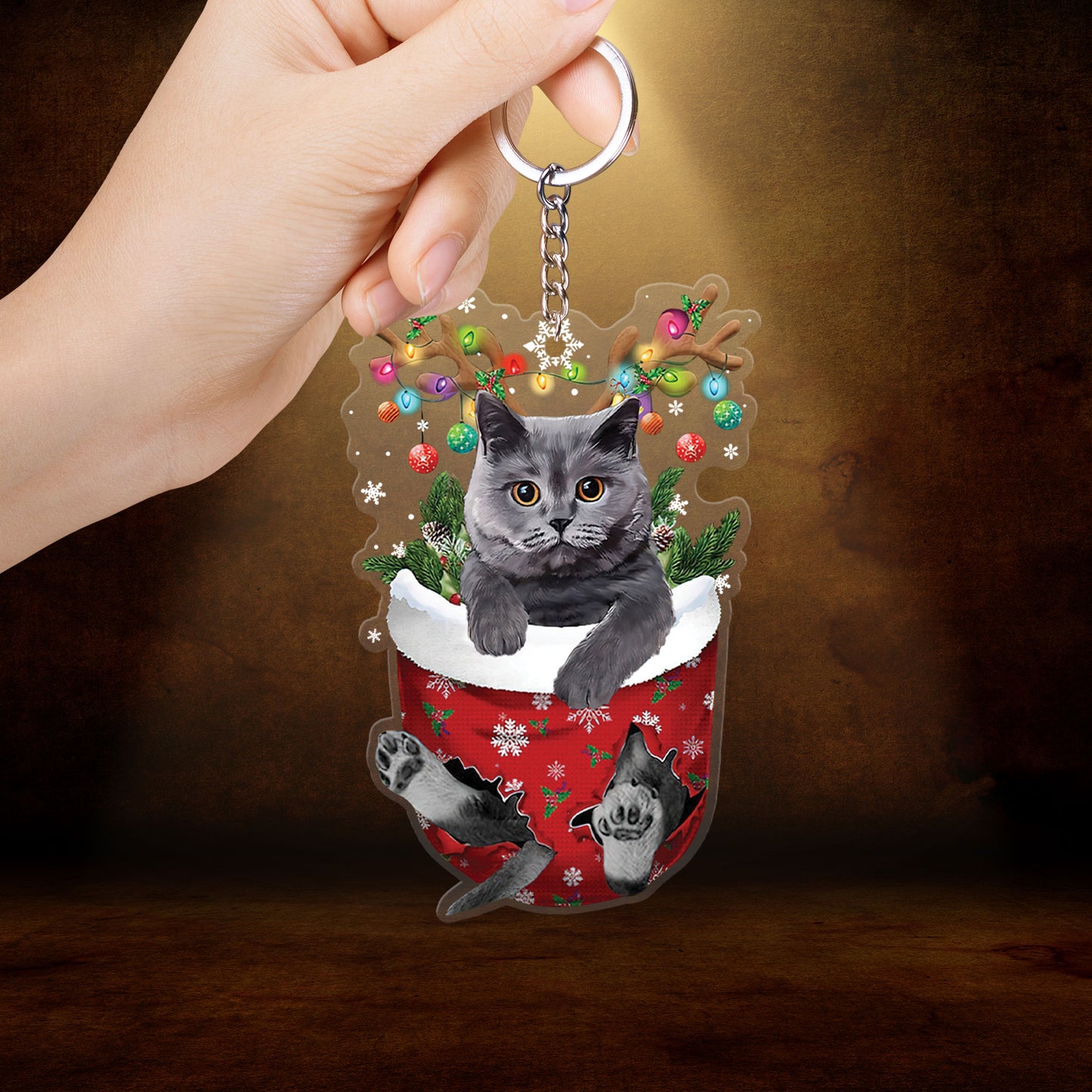 British Grey Cat In Snow Pocket Christmas Ornament Flat Acrylic Cat Ornament - Best Gift For Cat Lovers