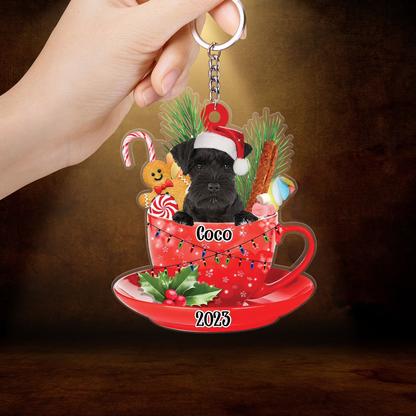 Custom Dog Acrylic Christmas Ornament, Personalized Black Miniature Schnauzer & Santa Hat In Red Cup Acrylic Ornament for Dog Lover, Christmas, New Year
