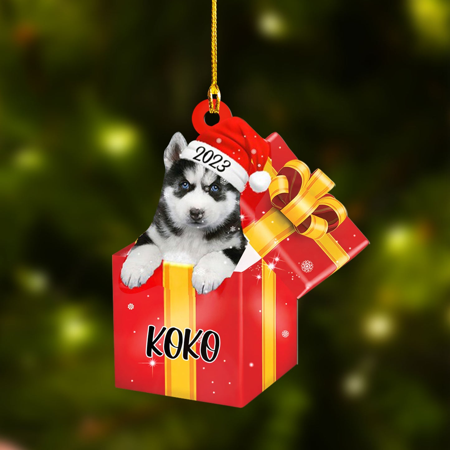 Personalized Siberian Husky In Red Gift Box Car Ornament Custom Name Pet Christmas Car Ornament - Gift For Dog Lovers, Pet Lovers