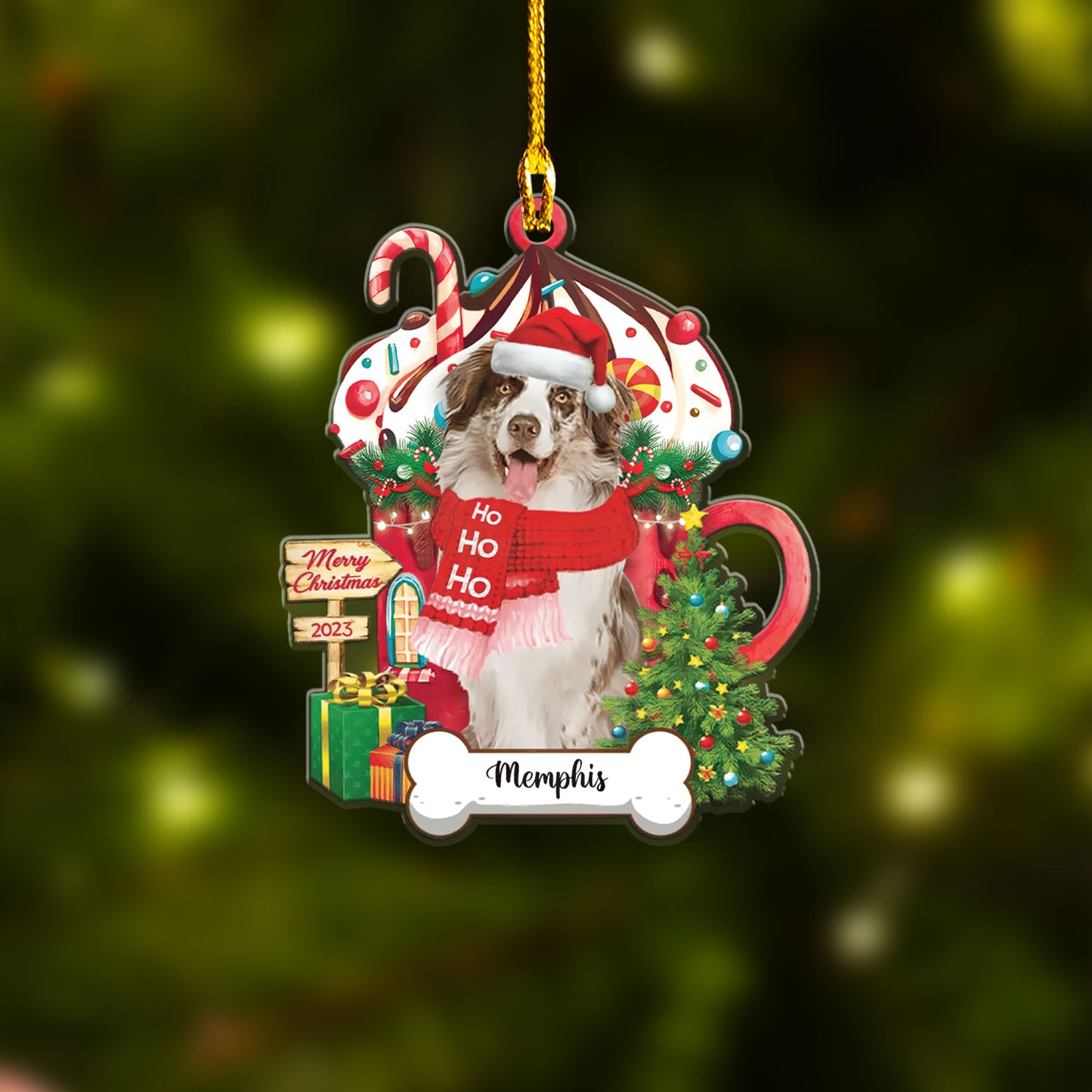 Australian Shepherd Hohoho Christmas 2023 Car Ornament Custom Name, Custom Shape Car Ornament for Christmas, Dog Lovers, Dog Mom