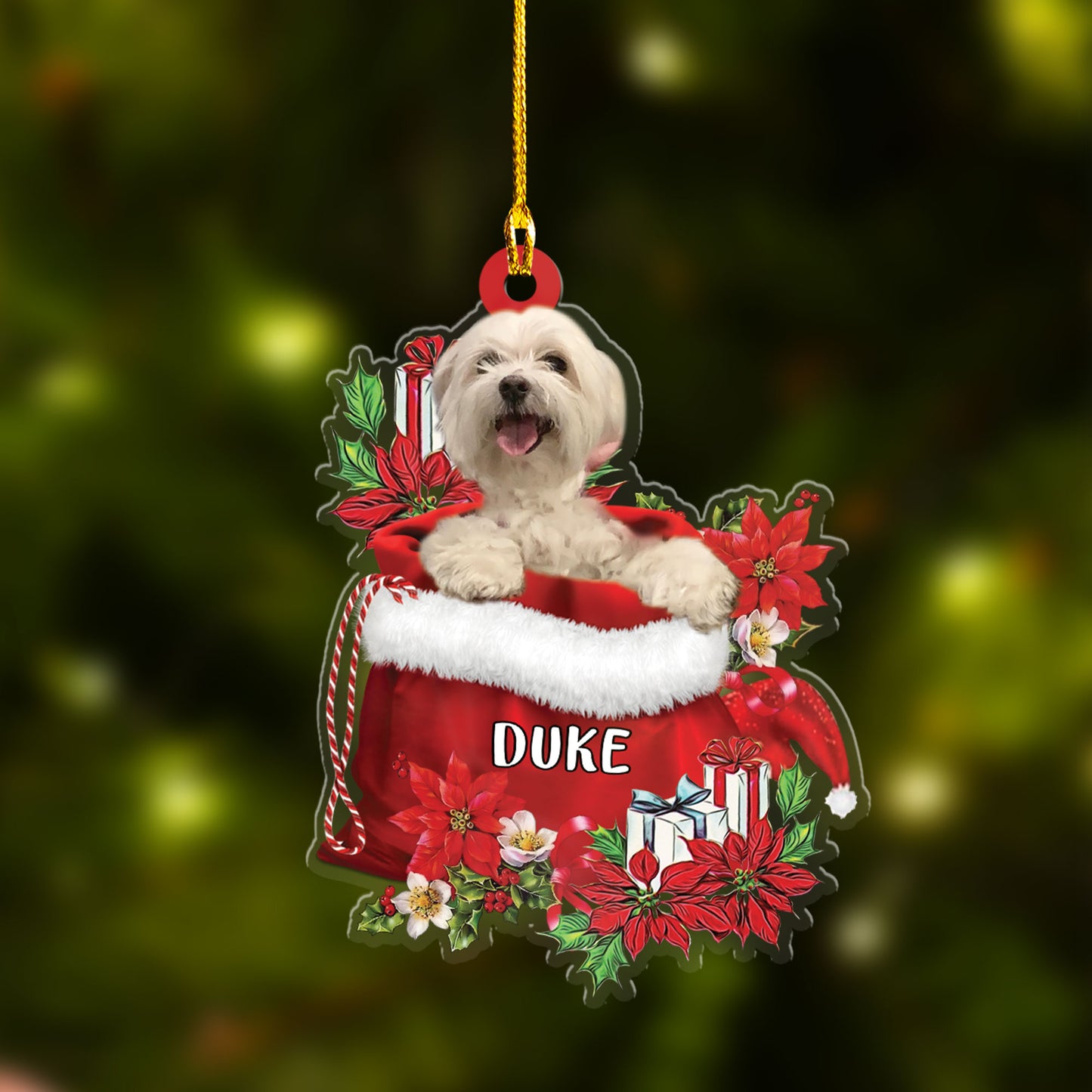 Personalized Name Maltese In Red Gift Bag Christmas Car Ornament, Custom Christmas Gift For Dog Lovers, Dog Mom