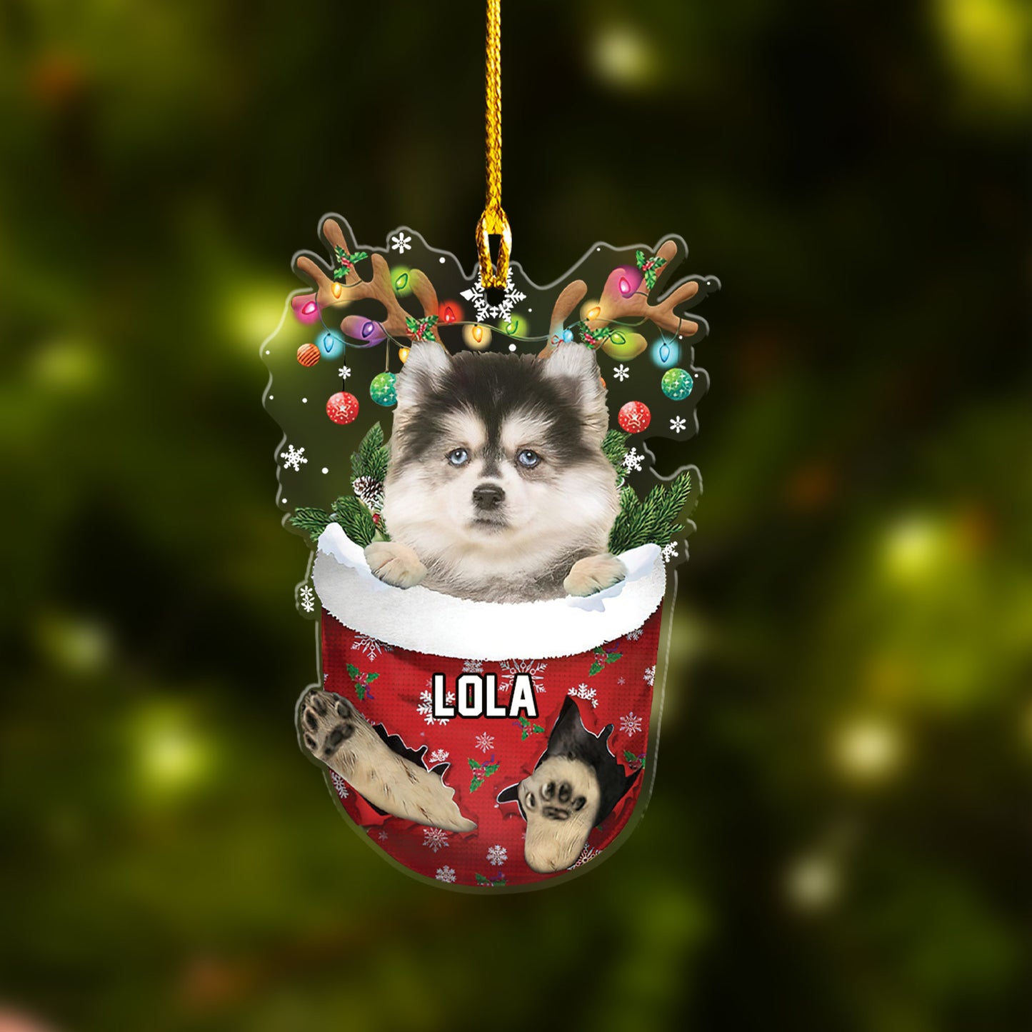 Pomsky In Snow Pocket Christmas Car Ornament - Christmas Gift For Pomsky Lovers, Dog Lovers