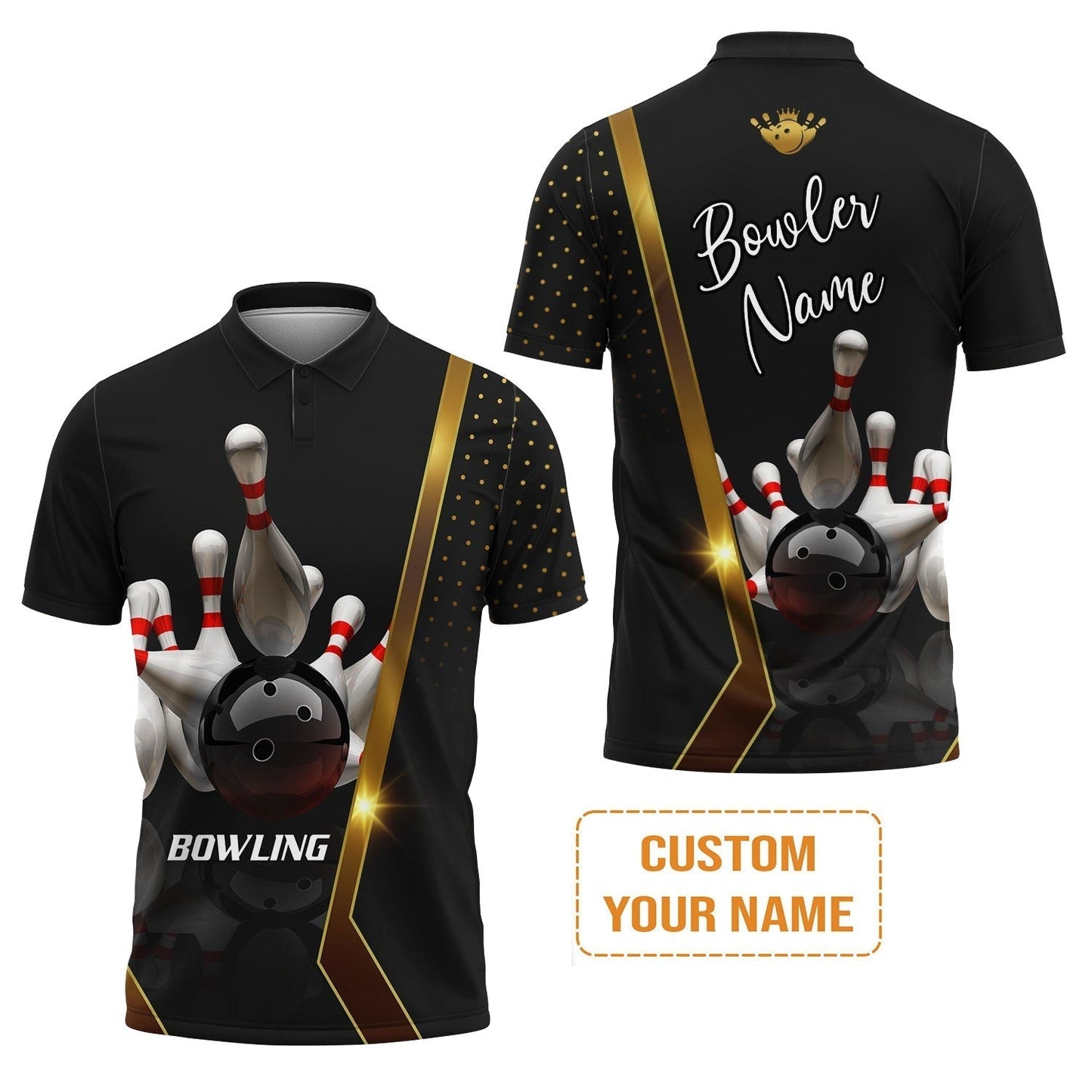 Customized Bowling T-Shirt, Black And Golden Pattern Personalized Bowling T-Shirt