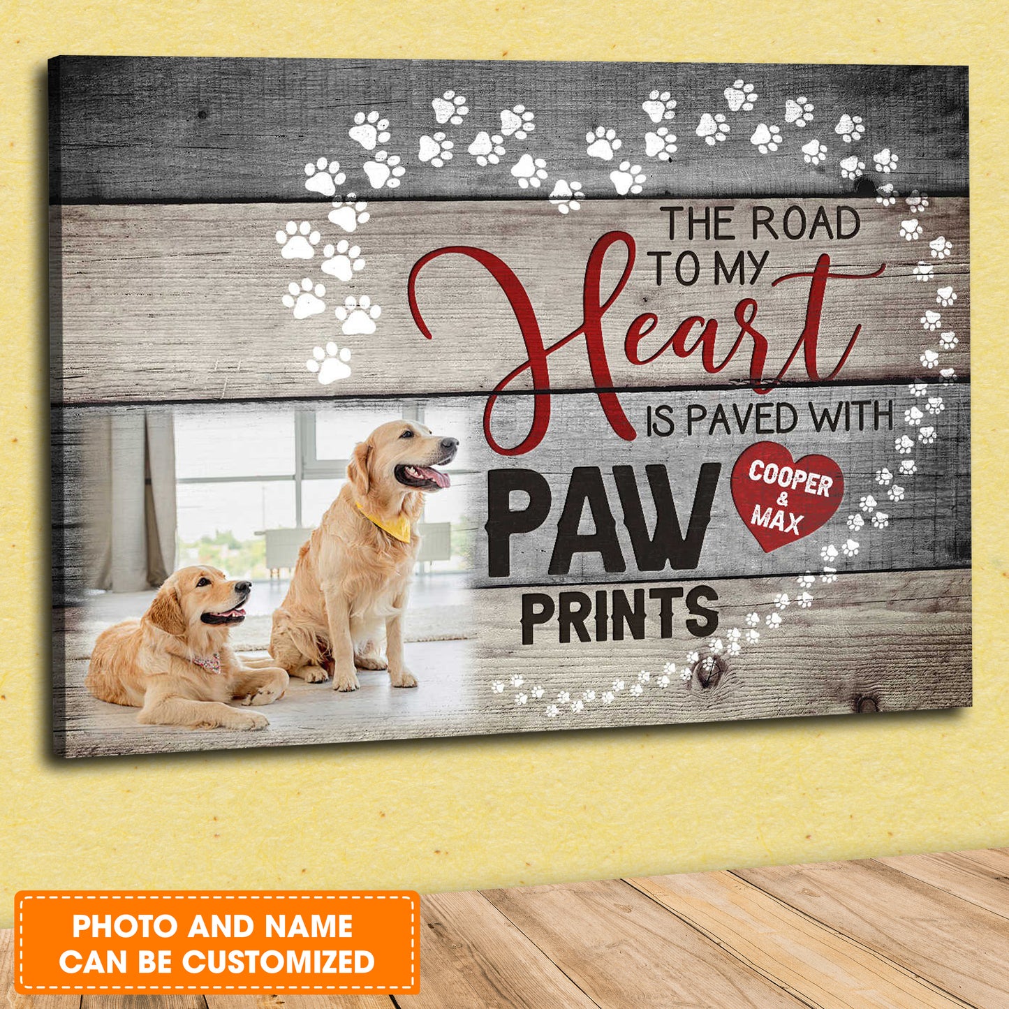 Custom Name & Photo Dog Premium Wrapped Landscape Canvas, Dog Paw Heart Personalized Dog Canvas - Perfect Gift For Dog Lovers, Family, Friend