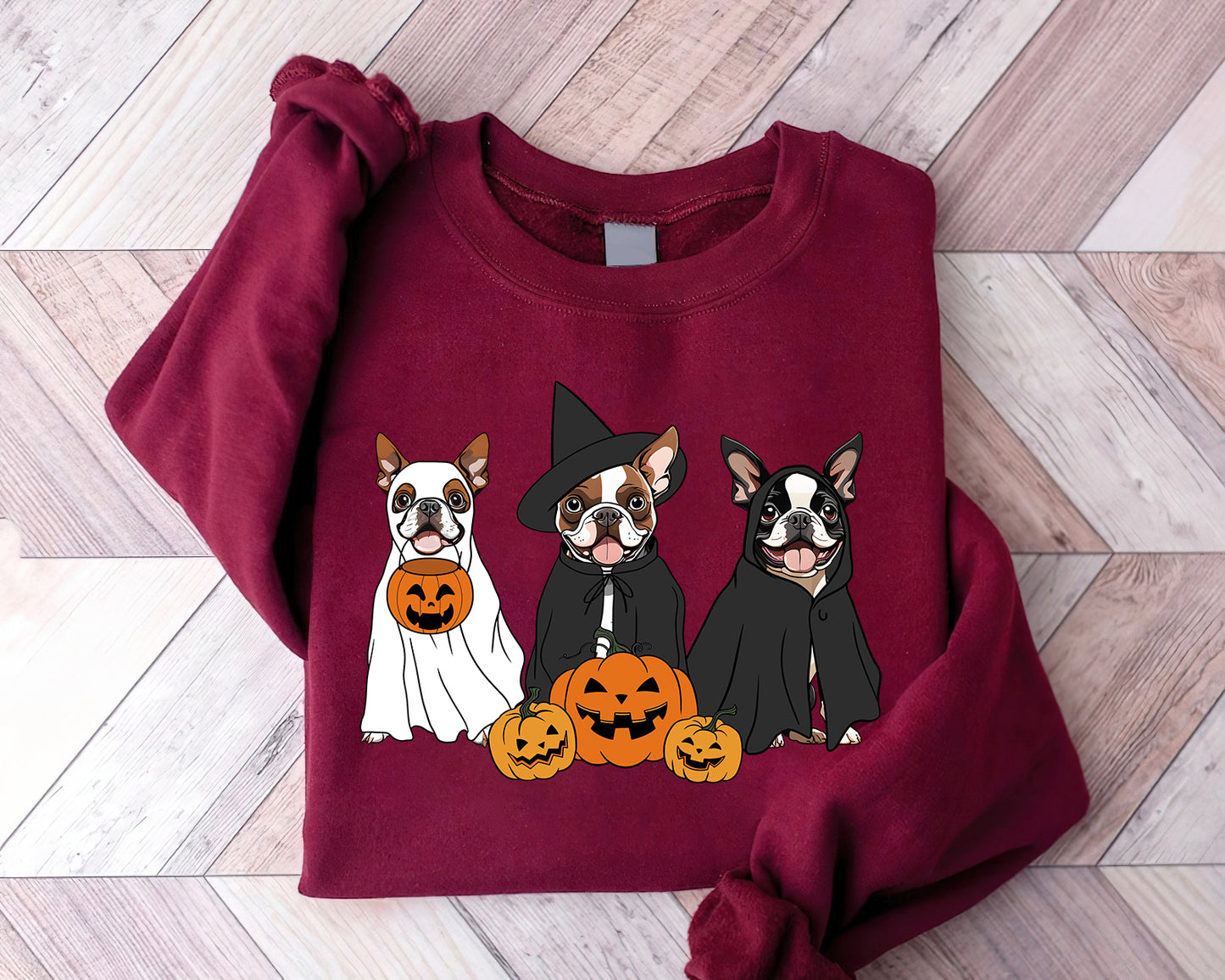 Boston Terrier Sweatshirt, Ghost And Witch Boston Terrier Sweatshirt, Halloween Dog Shirt - Best Gift For Dog Lover