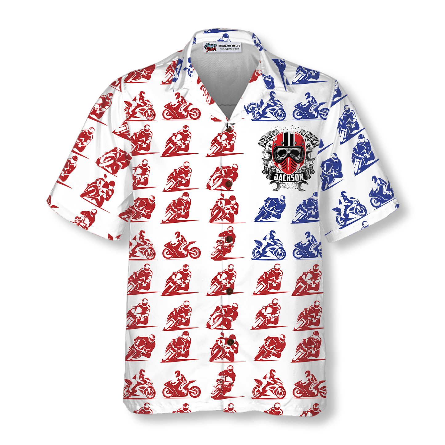 Motorcycle Custom Name Hawaiian Shirts, American Flag Skull Personalized Colorful Summer Aloha Shirt - Gift For Men, Friend, Motorcycle Lovers - Amzanimalsgift