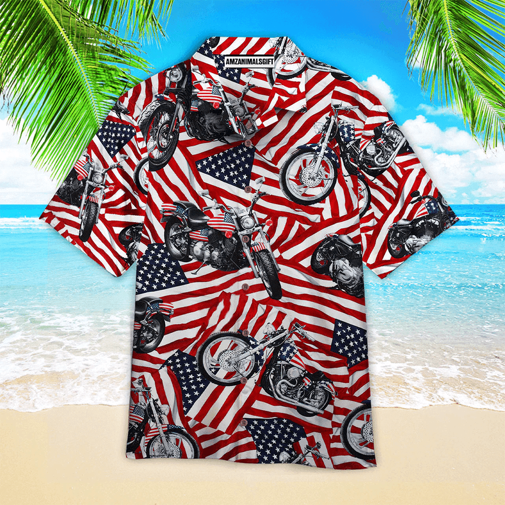 Motorcycles American Flag Red And White Aloha Hawaiian Shirts For Men Women, 4th Of July Gift For Summer, Friend, Independence Day, Motorcycles Lovers - Amzanimalsgift
