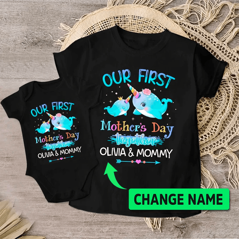 Narwhale & Arrow Baby Onesies, Personalized Matching T-Shirt & Baby Onesie Our First Mother'S Day Custom Name, Newborn Onesies - Perfect Gift For Baby, Baby Gift Onesie - Amzanimalsgift
