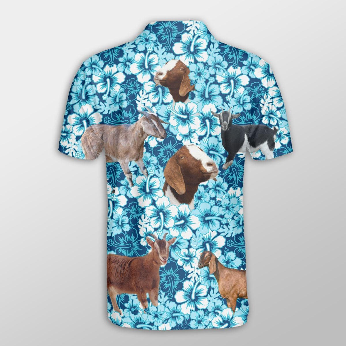 Nubian Goat Men Polo Shirts For Summer - Nubian Goat Blue Hibiscus Pattern Button Shirts For Men - Perfect Gift For Nubian Goat Lovers, Cattle Lovers - Amzanimalsgift