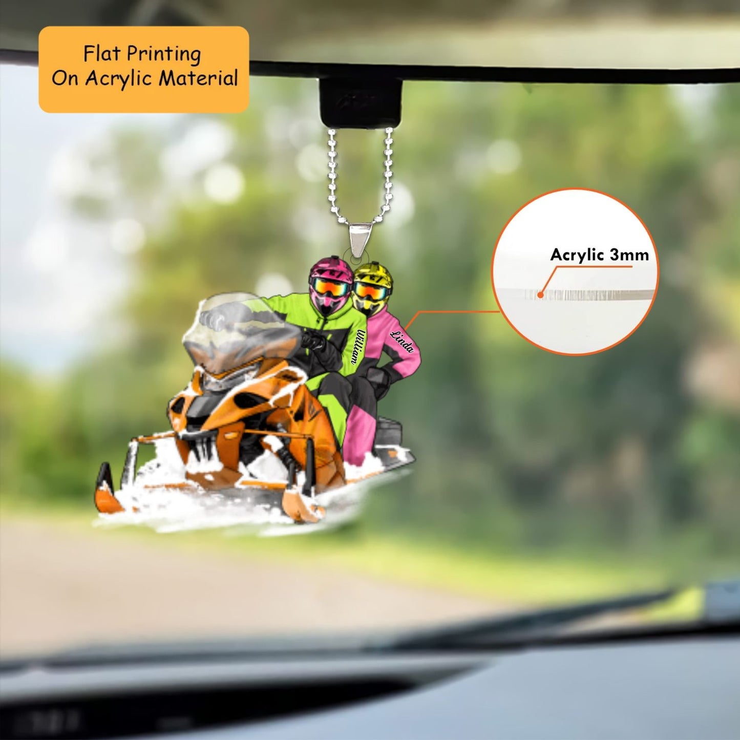 Personalized Snowmobile Christmas Ornament, Couple Riding Orange Snowmobile, Custom Ornament Christmas Gift, Keychain Snowmobile, Car Ornament Snowmobile