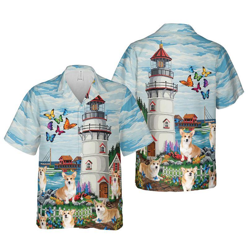 Pembroke Welsh Corgi Aloha Hawaiian Shirts For Summer, Lighthouse Peaceful Beach Art Theme Hawaiian Set For Men Women, Gift For Dog Lover, Dog Mom Dad - Amzanimalsgift