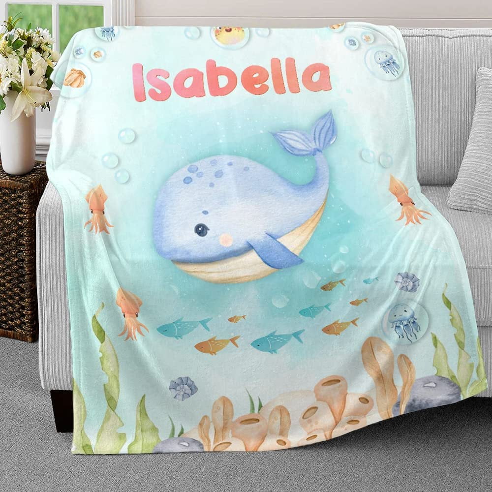 Whale Sea Animals Ocean Baby Kids Blanket With Personalized Name For Baby Girl Nursery, Daughter, Granddaughter
