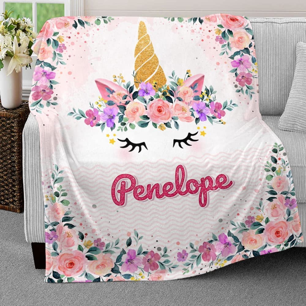 Dreamy Unicorn Flowers Baby Kids Blanket With Personalized Name For Baby Girl Nursery, Daughter, Granddaughter