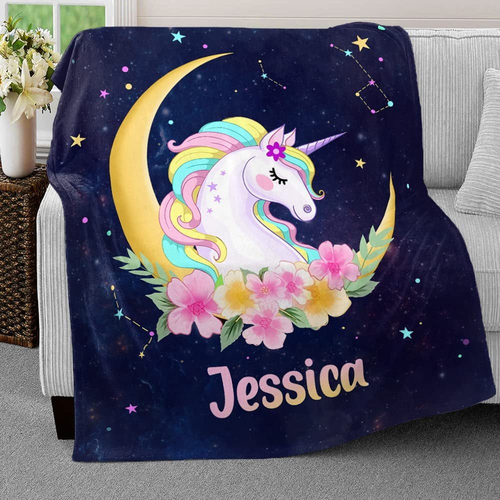 Dreamy Unicorn On Moon Baby Kids Blanket With Personalized Name For Baby Girl Nursery, Daughter, Granddaughter