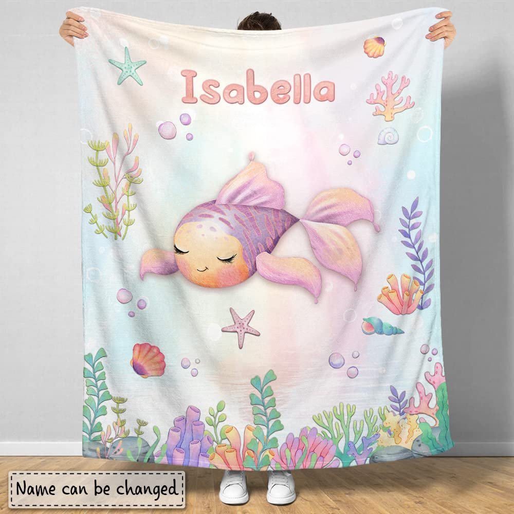 Pink Sea Fish Baby Kids Blanket With Custom Name For Baby Girl Nursery, Daughter, Granddaughter