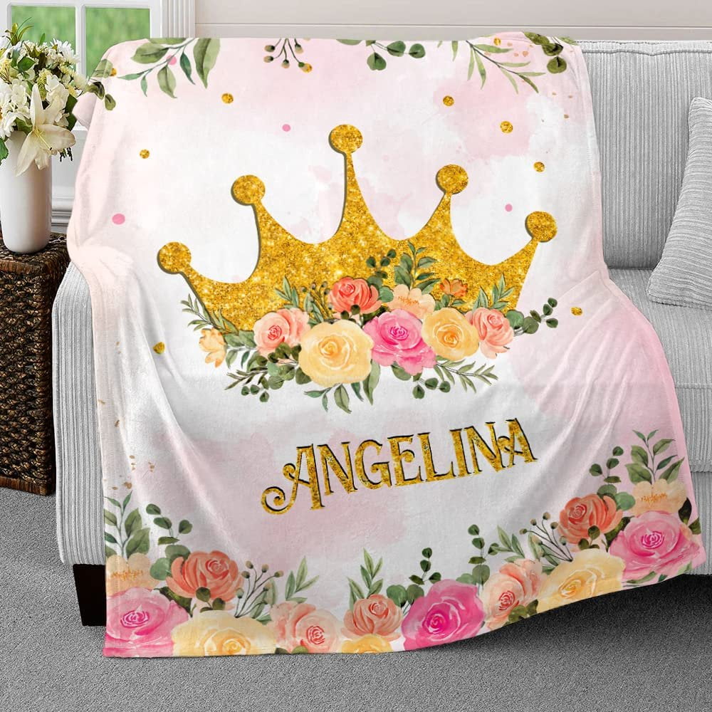 Princess Crown Baby Kids Blanket With Custom Name For Baby Girl Nursery, Daughter, Granddaughter