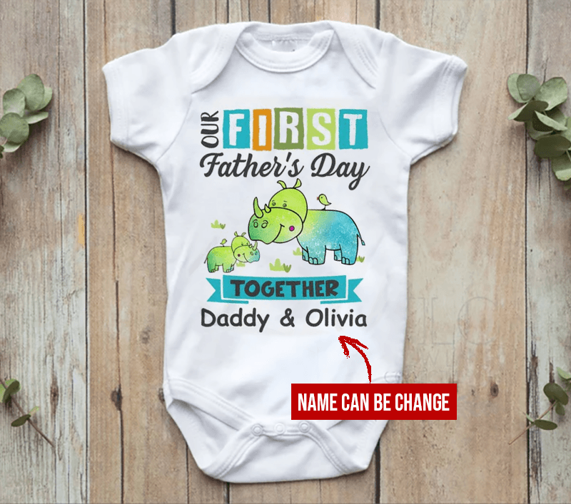 Personalized Baby Onesie Funny Dinosaur - Baby Onesie Our First Father's Day Cute Funny Dinosaur Custom Name, Newborn Onesies - Perfect Gift For Baby, Baby Gift Onesie - Amzanimalsgift