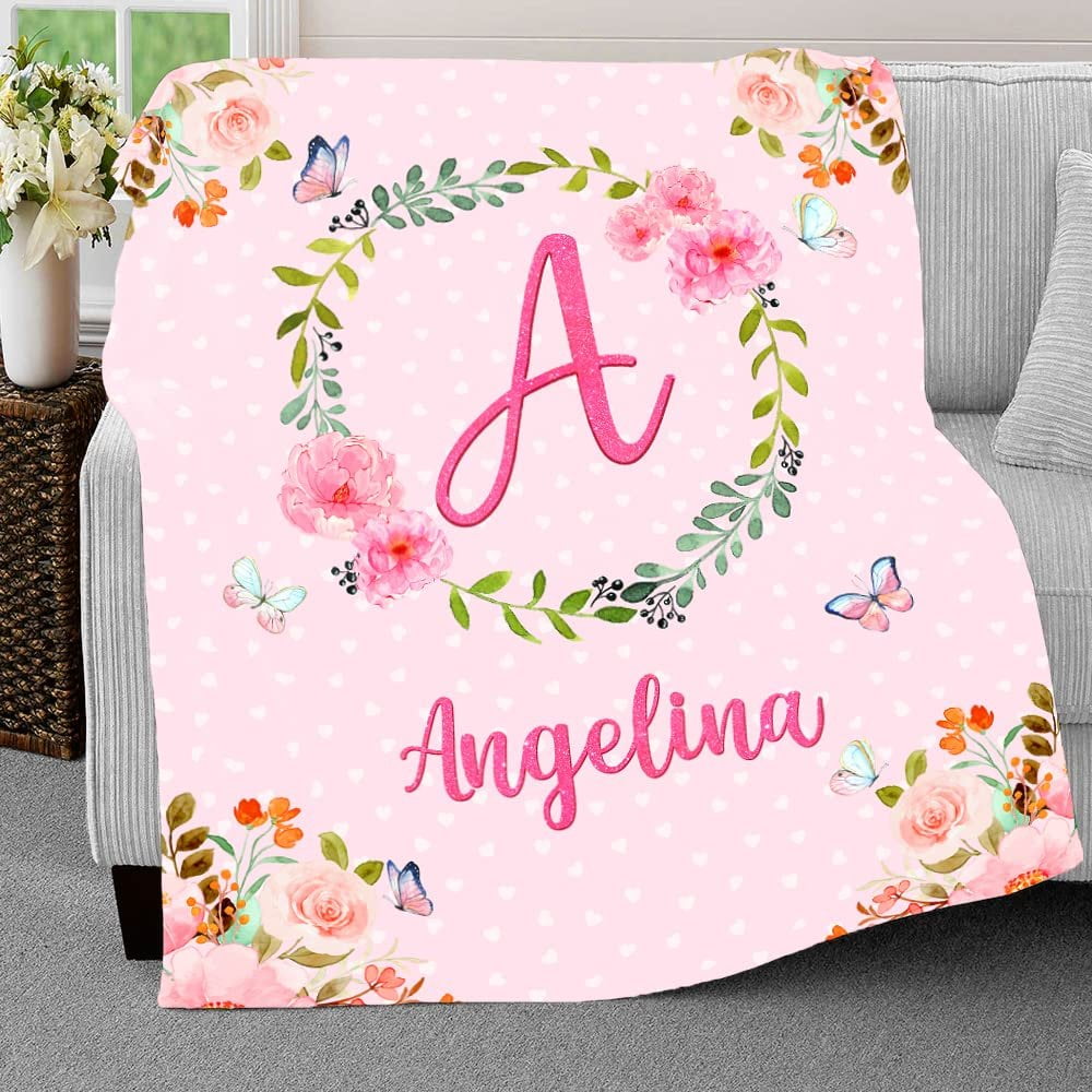 Pink Floral Monogram Baby Kids Blanket With Custom Name For Baby Girl Nursery, Daughter, Granddaughter
