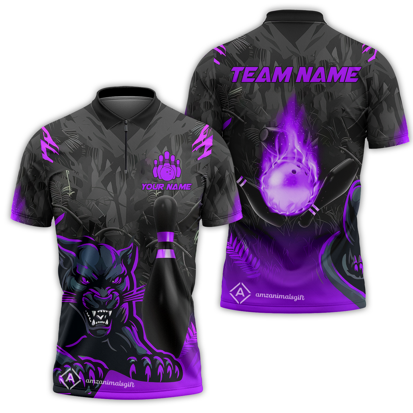 Personalized Bowling Quarter-Zip Polo Shirt With Black Panther And Pin, Custom Name And Team Name For Bowlers