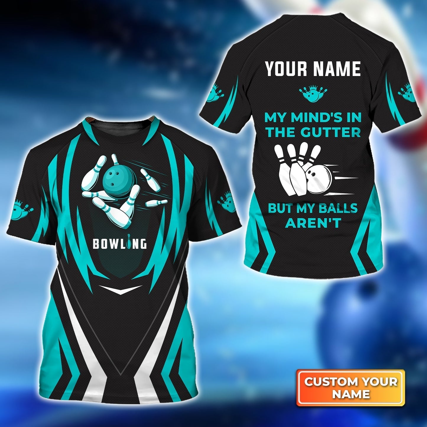 Personalized Bowling Long Polo Shirt, Light Blue Bowling Customized Shirt My Mind's In The Gutter For Friend, Family, Bowling Lovers