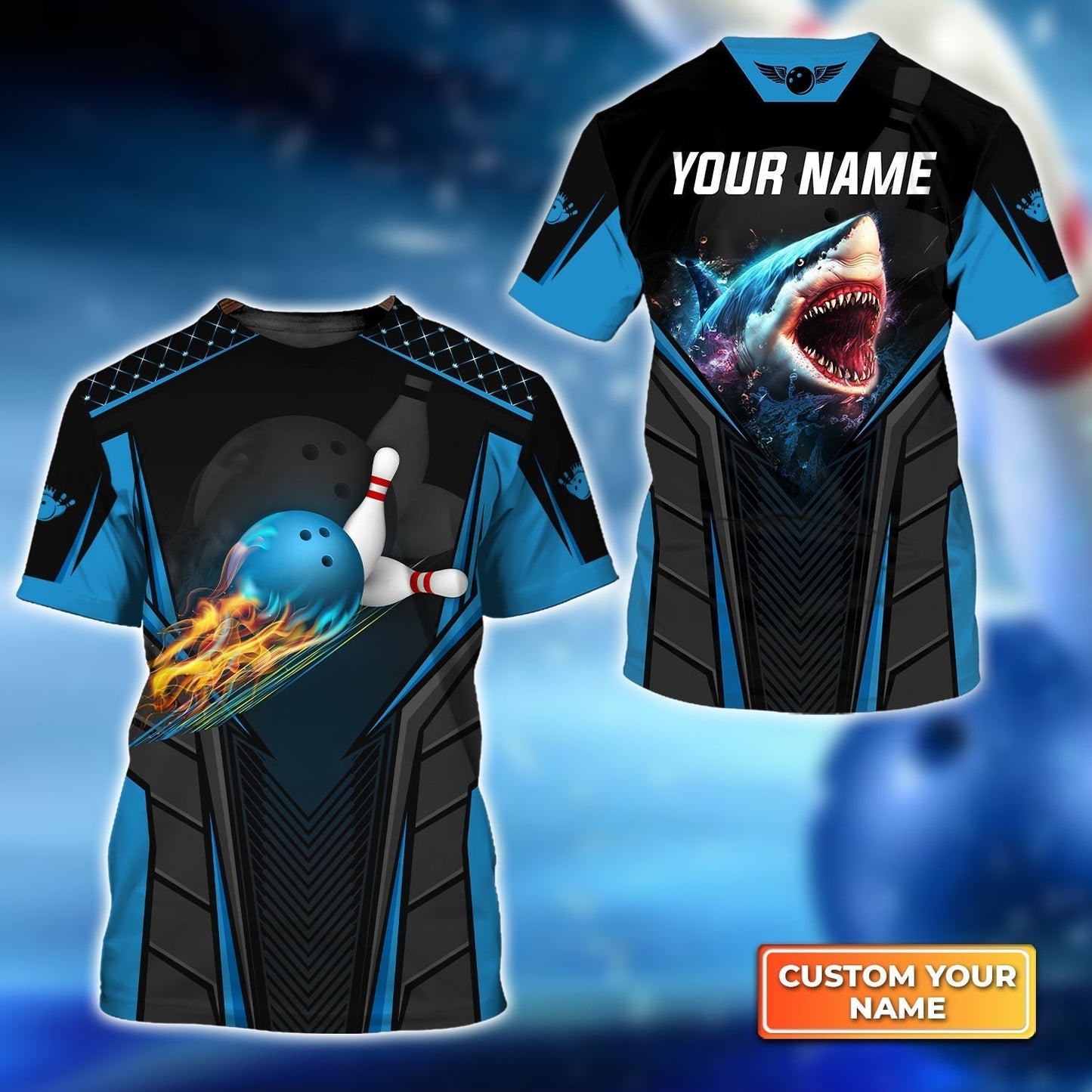 Personalized Bowling Hoodie, Shark Team Blue Bowling Ball Customized Shirt For Friend, Family, Bowling Players