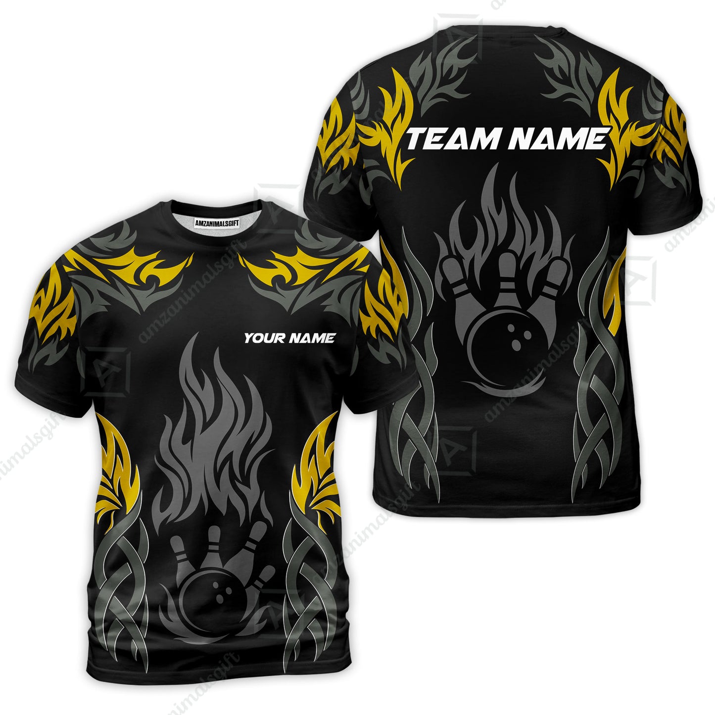 Personalized Bowling Team T-Shirt, Tribal And Bowling Flame Multi Option Customized Shirt - Black