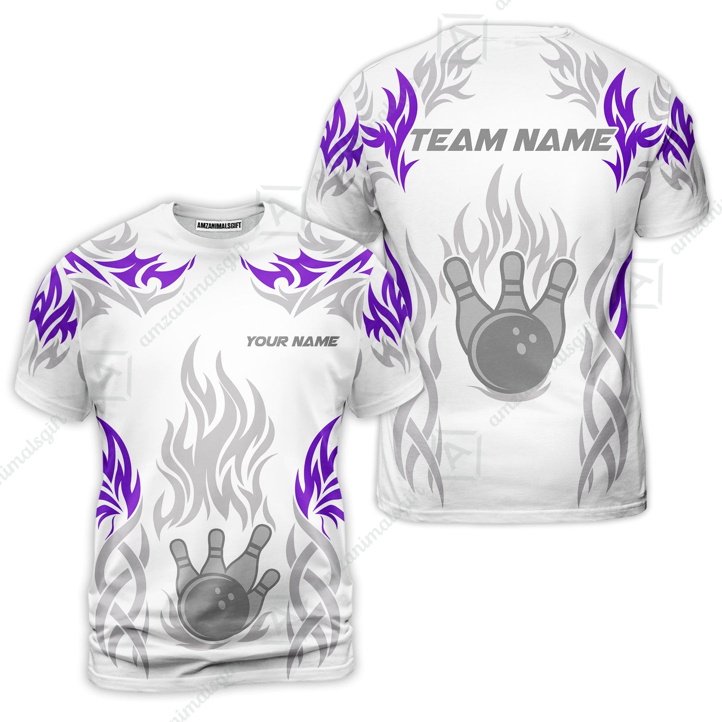 Personalized Bowling Team T-Shirt, Tribal And Bowling Flame Multi Option Customized Shirt - White