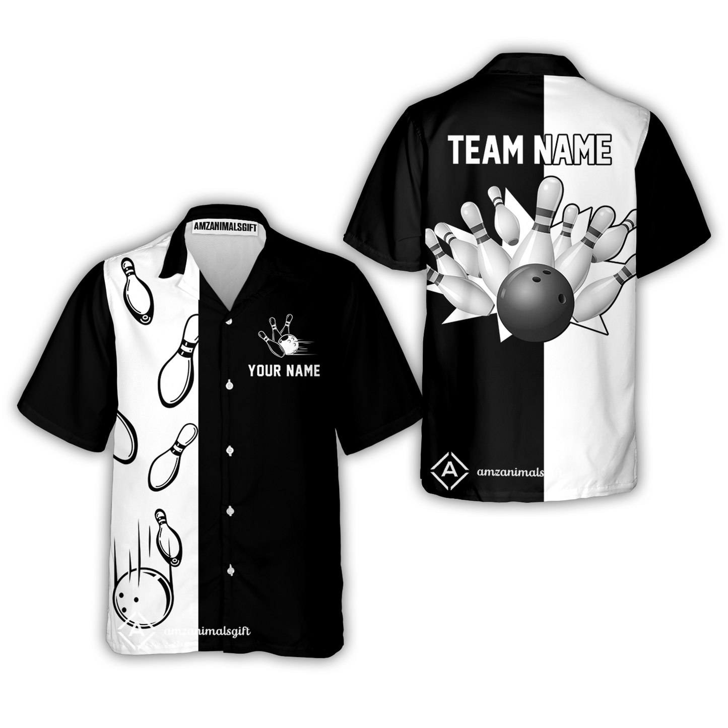 Personalized Bowling Team Button Up Shirt, Custom Name Black And White Retro Vintage Bowling Hawaiian Shirt For Bowlers