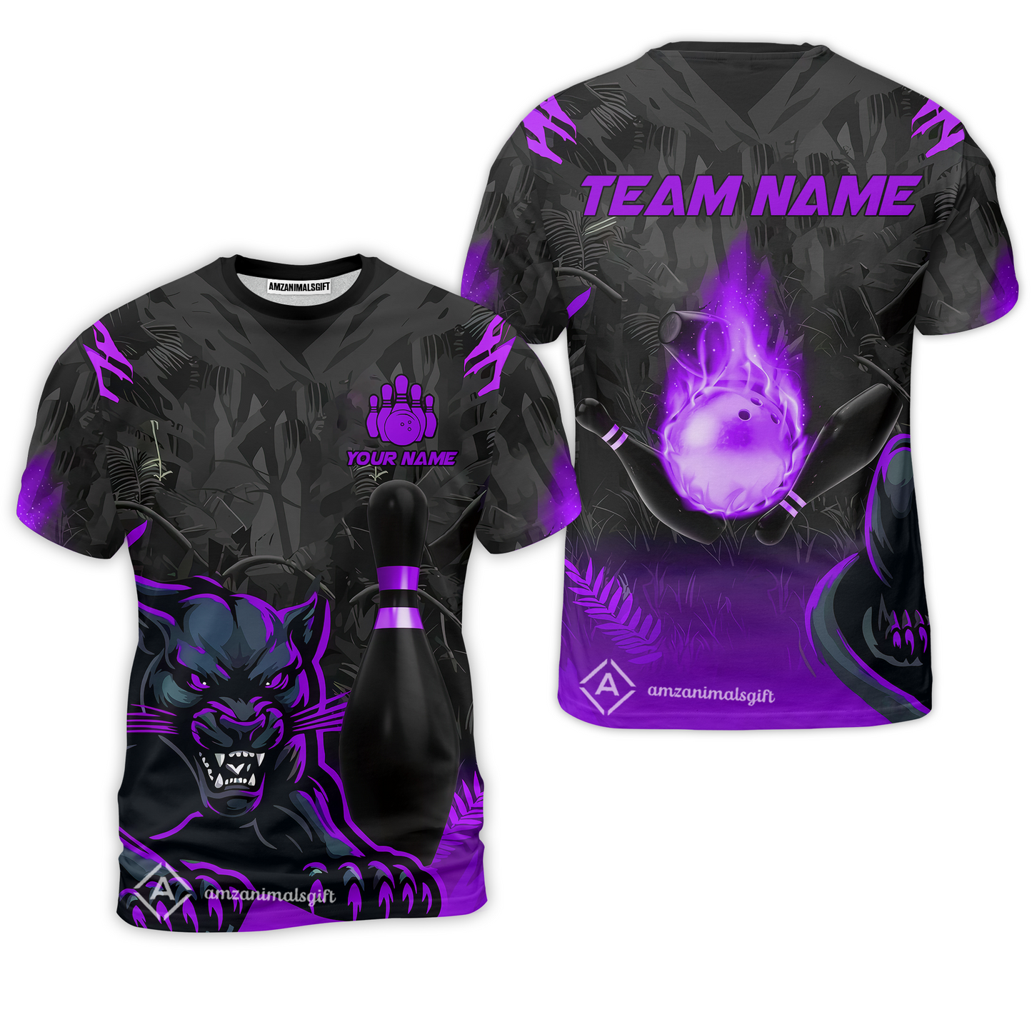 Personalized Bowling Team T-Shirt With Black Panther And Pin, Custom Name And Team Name For Bowlers