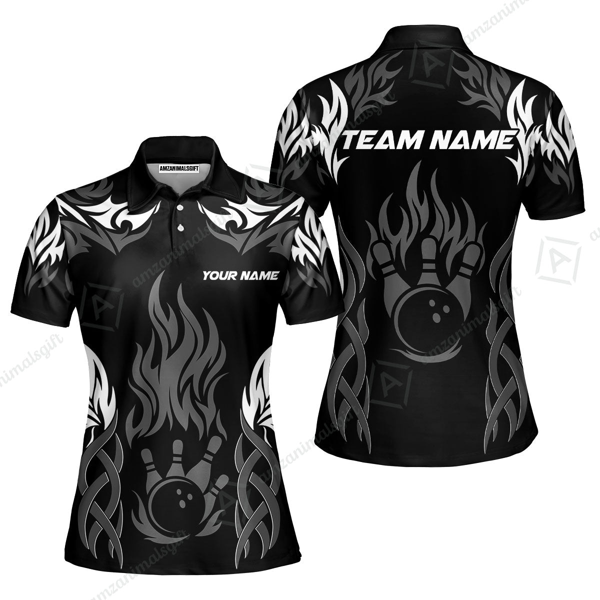 Personalized Bowling Team Women Polo Shirt, Tribal And Bowling Flame Multi Option Customized Polo Shirt - Black
