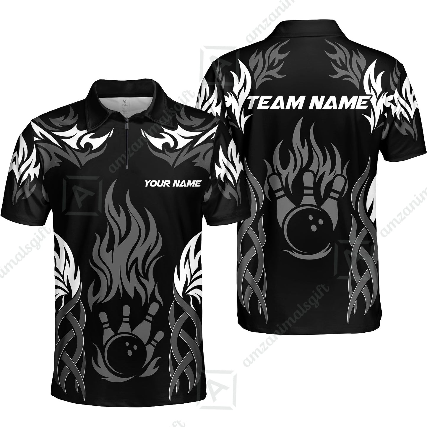 Personalized Bowling Quarter-Zip Polo Shirt, Tribal And Bowling Flame Multi Option Customized Zip Polo Shirt - Black