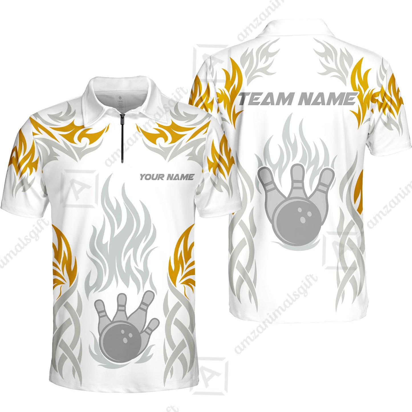 Personalized Bowling Team Quarter-Zip Polo Shirt, Tribal And Bowling Flame Multi Option Customized Zip Polo Shirt - White