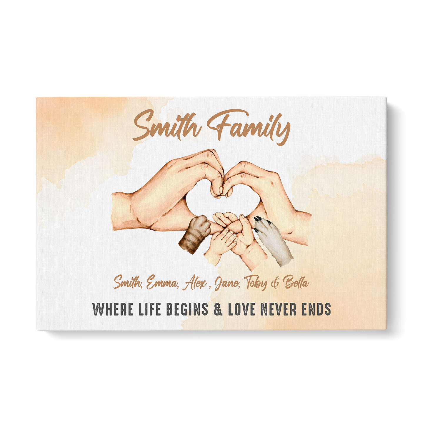 Personalized Family Hands Print Wall Art, Family Holding Hands Life Begins & Love Never Ends Canvas Hanging Home Decor