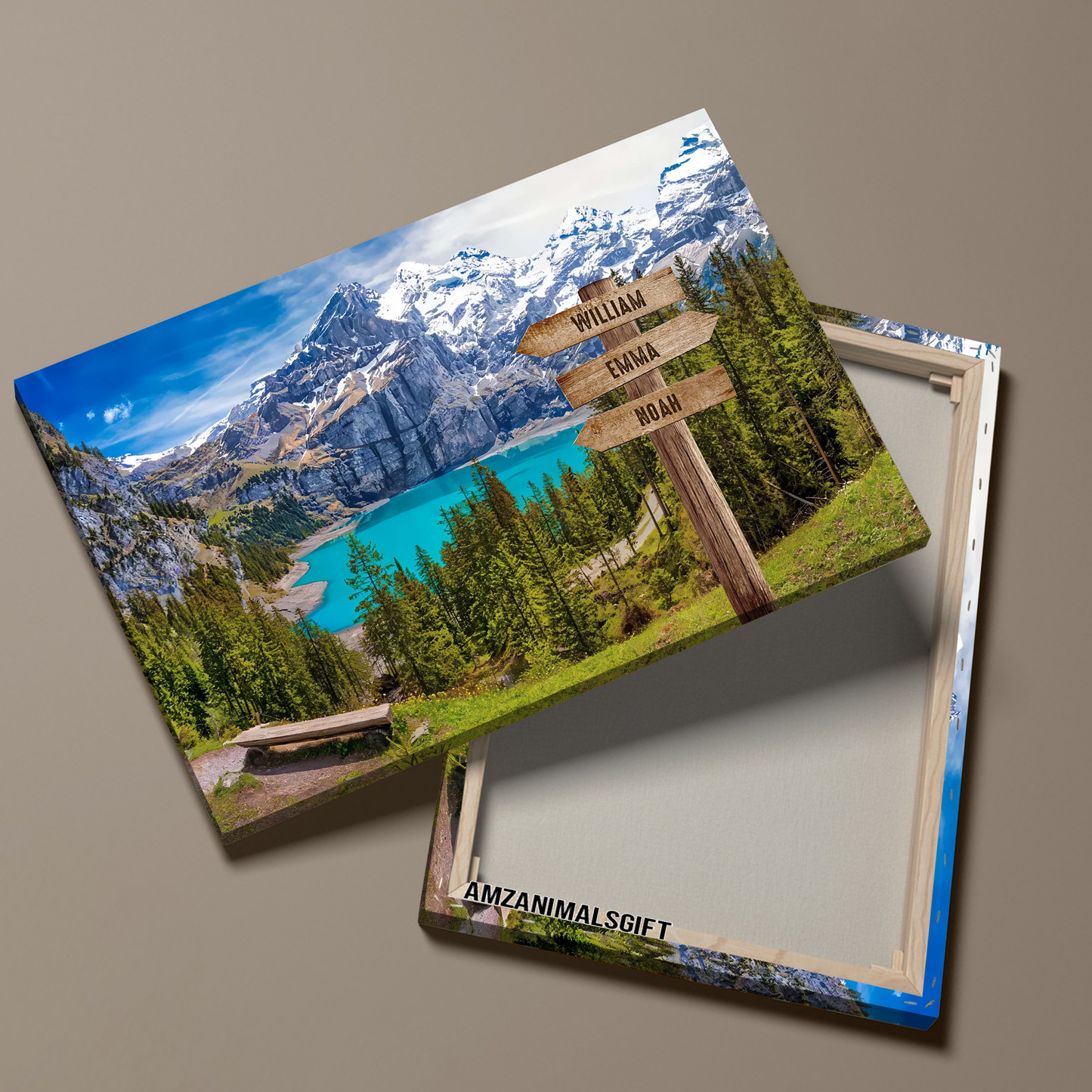 Personalized Family Member Names Wall Art, Oeschinen Lake Wooden Signs Multi-Names Landscape Canvas Decor For Home