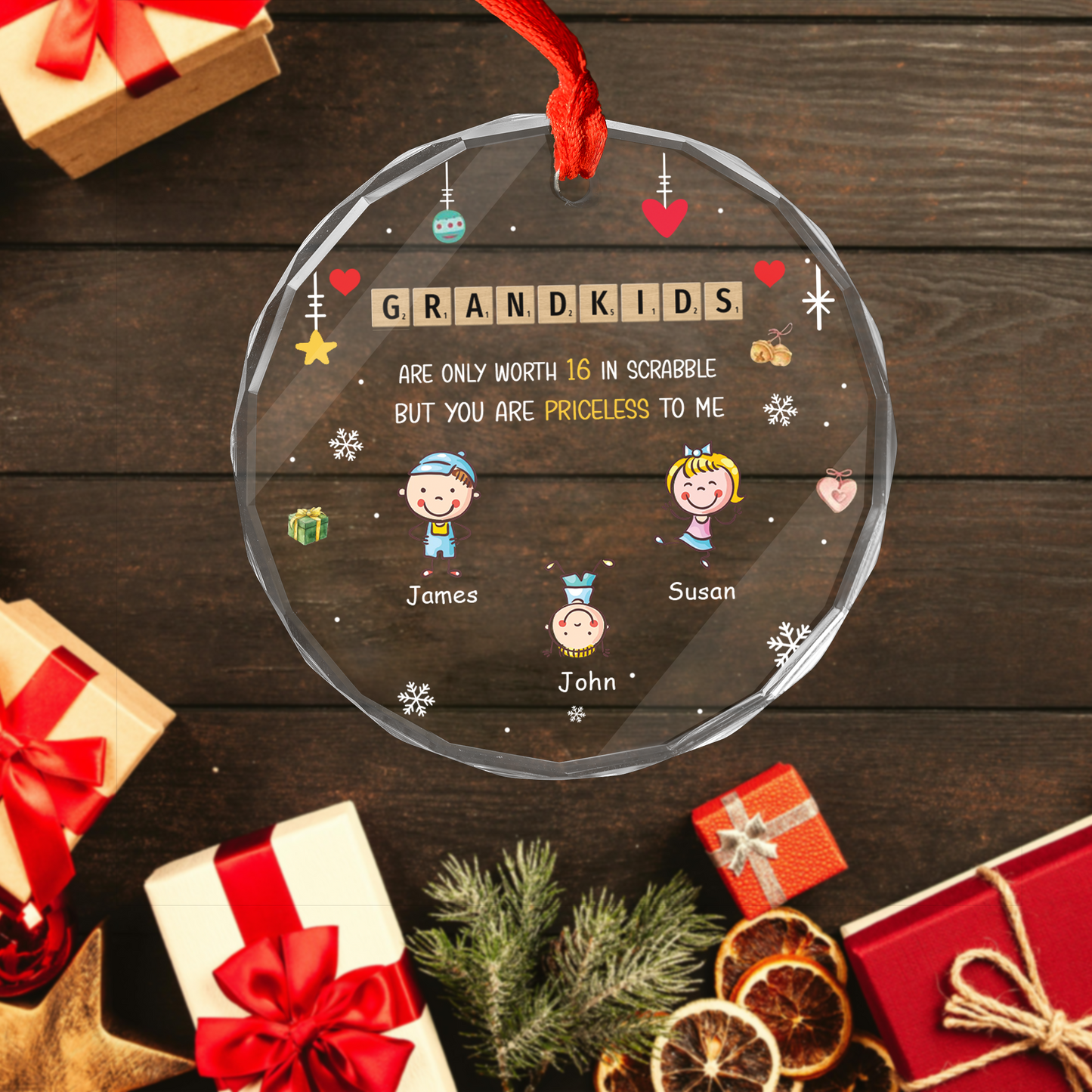 Personalized Grandkids Name Scrabble Crossword Puzzle Circle Glass Ornament, Christmas Ornament Gift For Grandma, Family