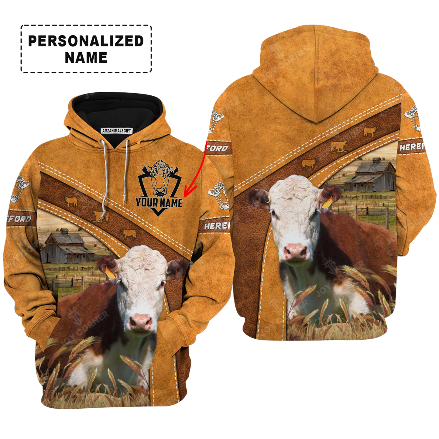 Personalized Hereford Cattle Hoodie, Leather Pattern Farm Hoodie For Friend, Family, Farmer, Hereford Cattle Lovers