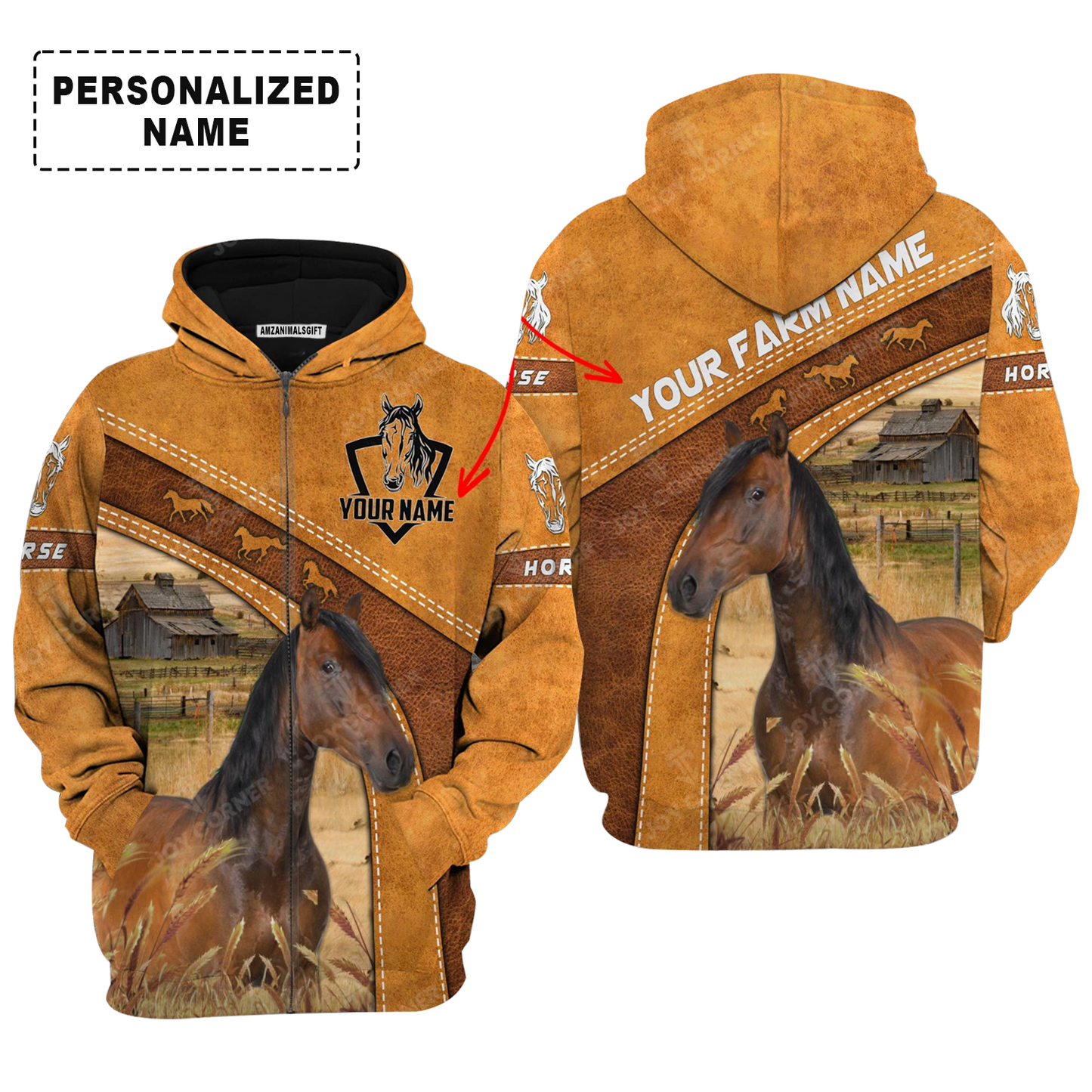 Personalized Horse Hoodie, Horse On The Farm Leather Pattern Custom Shirt For Friend, Family, Farmer, Horse Lovers