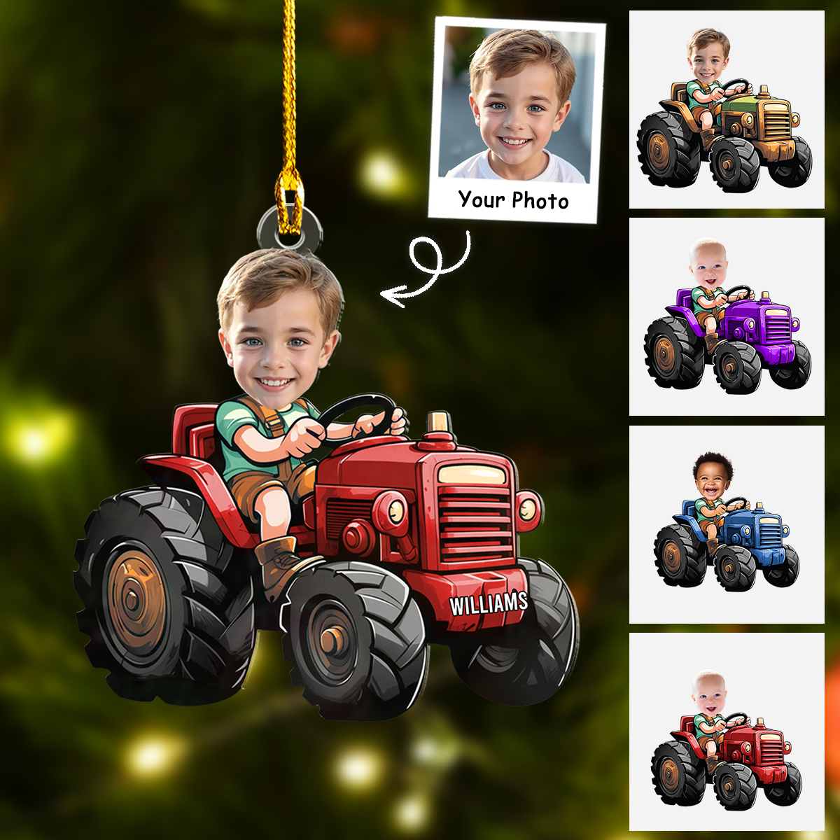 Personalized Kid Boy Driving Tractor Acrylic Ornament, Christmas Ornament Gift For Grandson, Son
