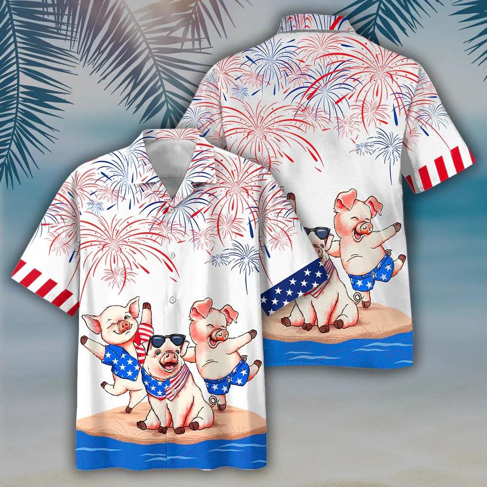 Pig Independence Day Aloha Hawaiian Shirts For Summer, Happy 4th Of July Pig Hawaiian Shirt For Men Women, Special Gift For Pig Lovers, Fourth Of July - Amzanimalsgift