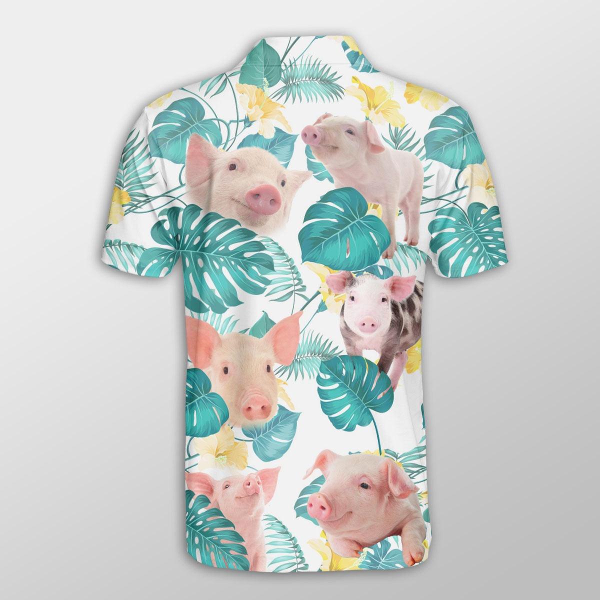 Pig Men Polo Shirt For Summer - Cute Pig In Tropical Leaves Pattern Button Shirt For Men - Perfect Gift For Pig Lovers, Animal Lovers - Amzanimalsgift