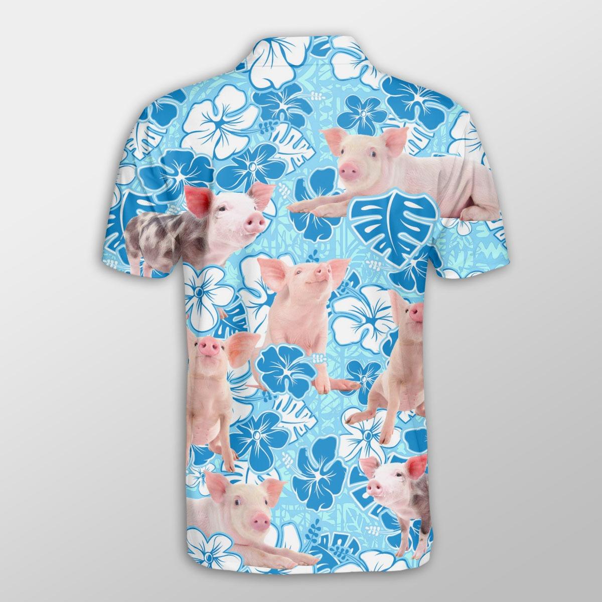 Pig Men Polo Shirt For Summer - Pig Blue Floral Pattern Button Shirt For Men - Perfect Gift For Pig Lovers, Cattle Lovers - Amzanimalsgift
